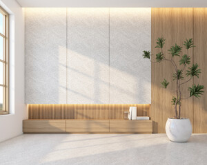 Morning light in Japandi style living room decorated with minimalist TV cabinet and wood slat wall. Granite texture wall and wood texture wall, Green indoor plants. 3d rendering