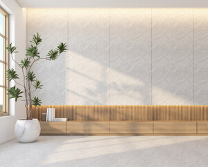 Morning light in Japandi style living room decorated with minimalist tv cabinet and wood slat wall. Granite texture wall and green indoor plants. 3d rendering