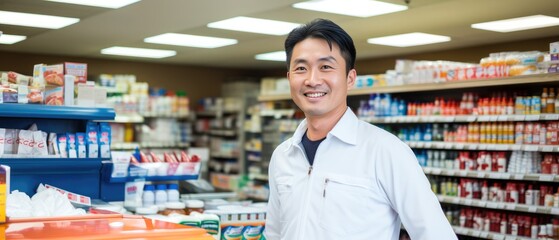 Convenience store attendant posing looking at the camera