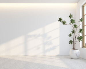Morning light in Japandi style empty room decorated with white wall and granite texture floor, Green indoor plants. 3d rendering