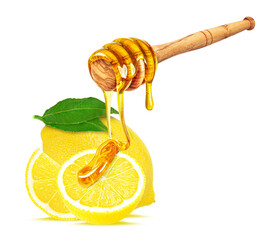 dripping honey on lemon isolated on white background