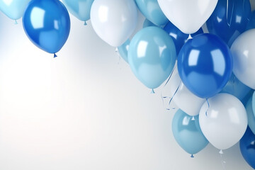 blaue und weiße Ballons mit Platz für Text. Querformat. Generative Ai.