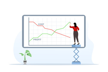 concept of businesswoman taking profit and cost reduction graph, Growth and decline in company profits, Diagram of increase and decrease in profits. Company performance indicators. vector illustration - obrazy, fototapety, plakaty