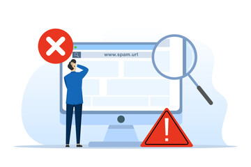 Concept of suspicious and dangerous hyperlinks, spam urls or website addresses, safe browsing and warning notifications, security system in browser. the site is blocked. flat vector illustration. - obrazy, fototapety, plakaty