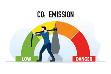 zero emission concept, clean and sustainable technology, humans limit CO2 emission levels to low, stop global warming template. environmental care. flat vector illustration on white background.