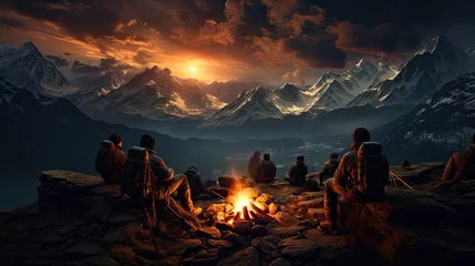  High resolution 16:9 illustration of people camping around a bonfire high in the mountains on a beautiful night.AI generated © jkjeffrey