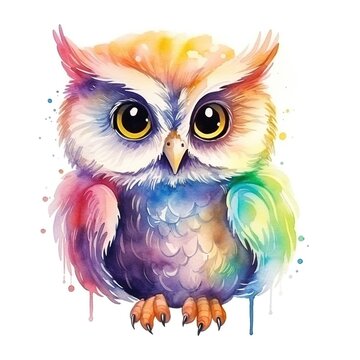 Colorful watercolor owl illustration. Clip art on white background