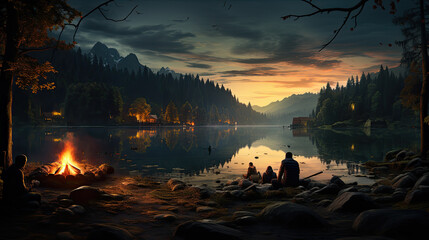 High resolution 16:9 illustration of people camping around a campfire on a lake and mountains on a beautiful night.AI generated