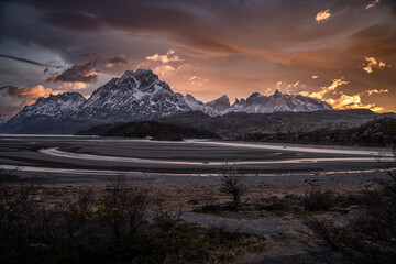 sunrise over the mountains, Torres del Paine, Chile