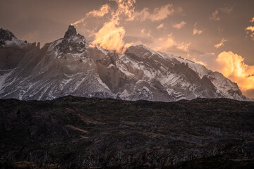 sunrise in the Majestic mountain range in Torres del Paine national park, Chile at sunset
