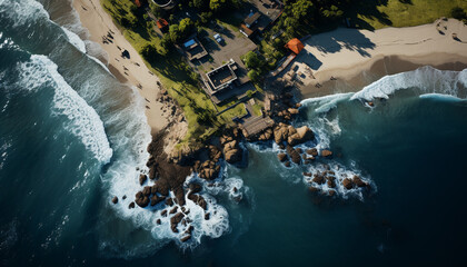 Aerial view of coastline, nature wave, water, surf, sand generated by AI