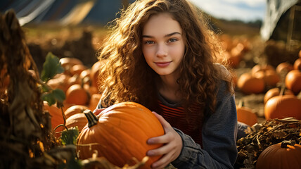 Happy beautiful teenager girl holding a big pumpkin in the middle of a pumpkin patch at sunset in autumn. Thanksgiving Day traditional fair. Halloween.