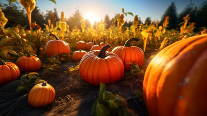 Thanksgiving background with big beautiful pumpkins on pumpkin patch.