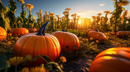 Thanksgiving background with big beautiful pumpkins on pumpkin patch.