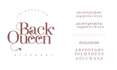 Backqueen premium luxury elegant alphabet letters and numbers. Elegant wedding typography classic serif font decorative vintage retro. Creative vector illustration