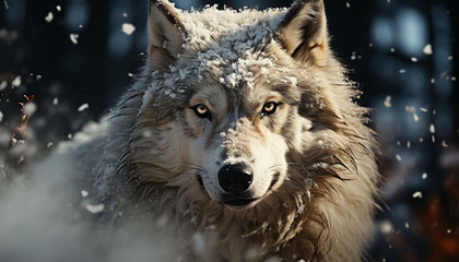 Snow covered forest, a cute wolf running, watching, in winter generated by AI