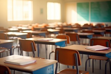 School classroom in blur background without student, view of elementary class room no kid or teacher with chairs and tables