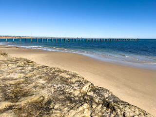 Beautiful Port Noarlunga Beach with wooden jetty in Adelaide, South Australia.