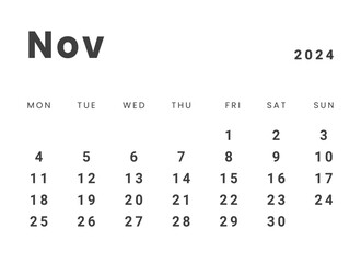 Template design of Monthly Calendar on november 2024. Vector layout minimal calendar with week start Monday.
