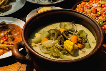 sayur lodeh, It is a typical Indonesian coconut milk-based vegetable dish serve with fried chicken, tahu, tampe and sambal