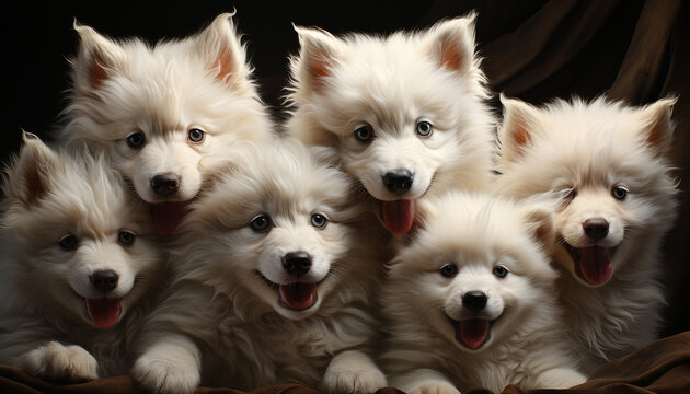 Cute puppy sitting, fluffy fur, playful, smiling, adorable Samoyed portrait generated by AI