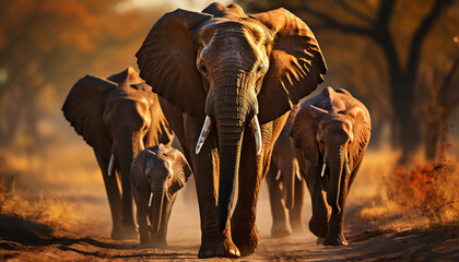 Elephants roam, majestic in African wilderness, under the setting sun generated by AI