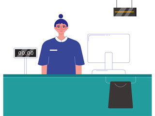 The cashier waits for customers at the cashier's desk. Market vector illustration. Flea market vector flat illustration