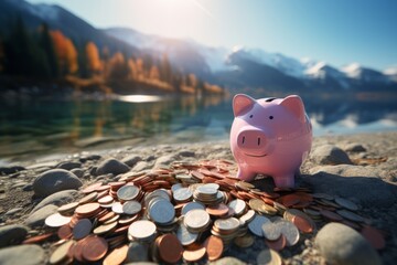 A pink piggy bank surrounded by coins against a snowy mountain trail and lake background.