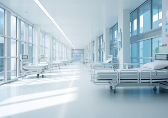 Deep hospital corridor, detail of a white corridor in a hospital, architecture and health. Long corridor with medical bed in modern hospital. AI Generative. - obrazy, fototapety, plakaty
