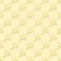 In this seamless pattern, create a geometric shape of a large golden star surrounded by smaller stars and colorful circles, on a yellow background. Looks beautiful and bright.