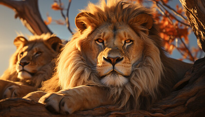 Majestic lioness resting in the African wilderness, beauty in nature generated by AI