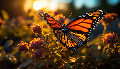 Vibrant butterfly in nature, flying with elegance, pollinating colorful flowers generated by AI