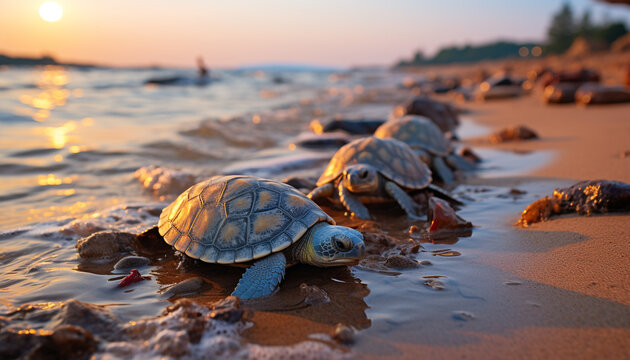 Turtle crawls on sand, sunset paints tranquil coastline, nature beauty generated by AI