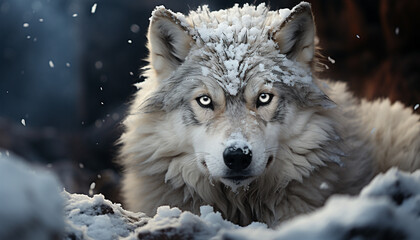 Cute wolf in snow, looking at camera, wild beauty captured generated by AI