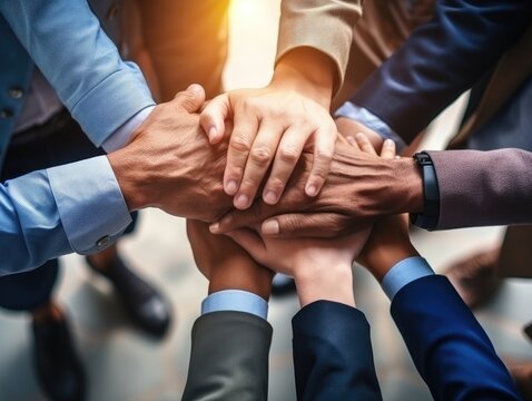 Diverse business people group put hands together in stack pile at training as concept of sales team corporate unity connection, teambuilding loyalty, support in teamwork, coaching