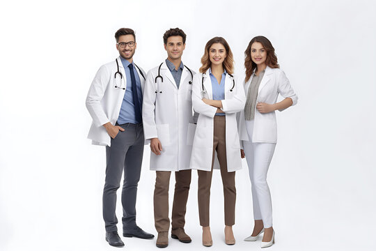 Smiling female and men doctor standing with medical colleagues in a hosp. Healthcare people group. Medical technology research institute and doctor staff service concept. Generative AI.