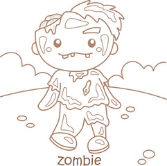 Alphabet Z For Zombie Vocabulary School Lesson Cartoon Coloring Pages A4 for Kids and Adult
