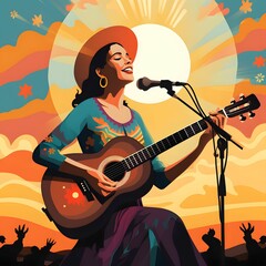 Clipart of a folk singer-songwriter singing at a festival Generative AI - obrazy, fototapety, plakaty