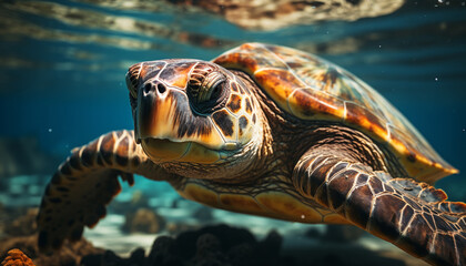 Turtle swimming in tropical waters, a beautiful aquatic living organism generated by AI