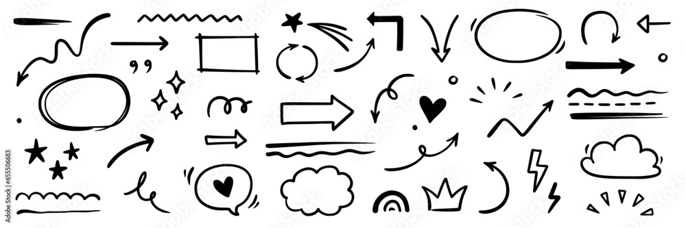 Poster line arrow, underline, round frame hand drawn vector element set. hand drawn doodle scribble text hi