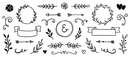 Flower frame, vintage ribbon doodle element. Hand drawn doodle cute floral border, arrow, banner ribbon set. Wedding swirl element, floral frame, flower decorative element. Vector illustration