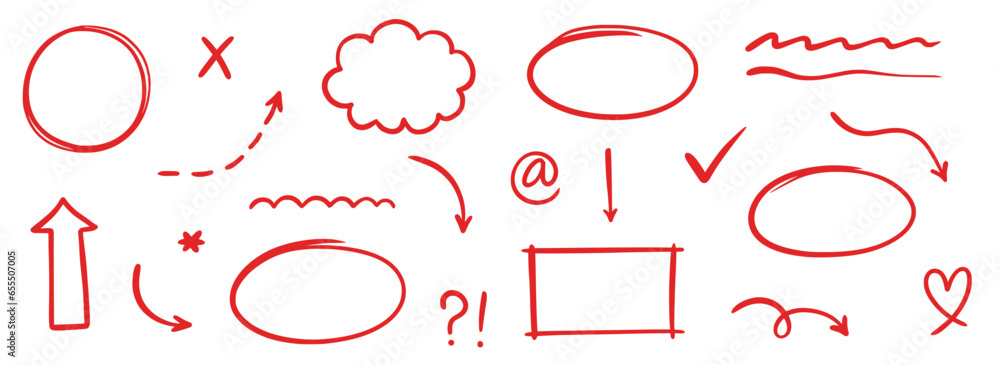 Poster pen marker line red arrow, underline, emphasis element set. hand drawn red marker brush stroke style