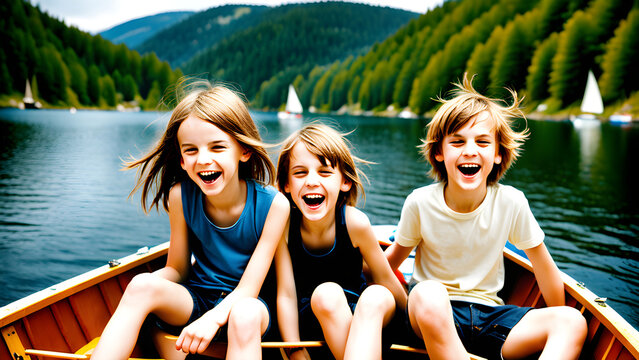 three kids on a boat-Generative AI