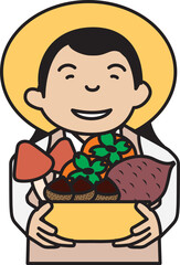 秋の収穫物をかごに入れて持っている農家の女性