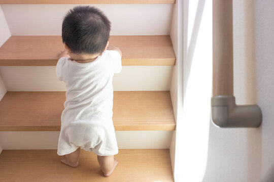 階段を上る赤ちゃんの後ろ姿（男の子、0歳、生後9カ月、日本人）