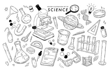 Collection of Hand-Drawn Sketches of Various Tools in the Science Lab: Flask, Microscope, Test Tube, Beaker, Petri Dish, Safety Goggles, Celestial Bodies, DNA, Molecular Model, Protractor, Ruler