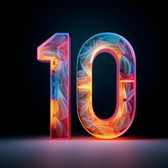 Number 10 in colouful holographic neon style on dark background. 3d rendering - obrazy, fototapety, plakaty