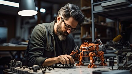 A robotics engineer constructs robot prototypes using 3D-printed parts. - obrazy, fototapety, plakaty