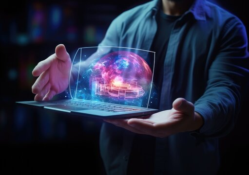 ai global network technology, hologram with light and hand of human with color glow in sci-fi futuristic concept, particle with digital data, cyber information, science and life, analysis.