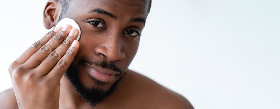 Man care. Face hygiene. Confident satisfied shirtless guy cleansing cheeks facial skin with tonic on cotton pad isolated on white background empty space.